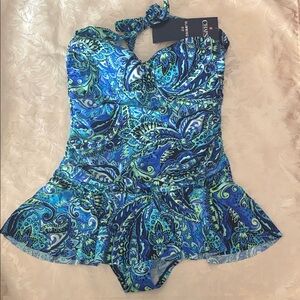 Women’s  Blue and Green Paisley CHAPS Slimming Fit one piece Swimsuit NWT 12